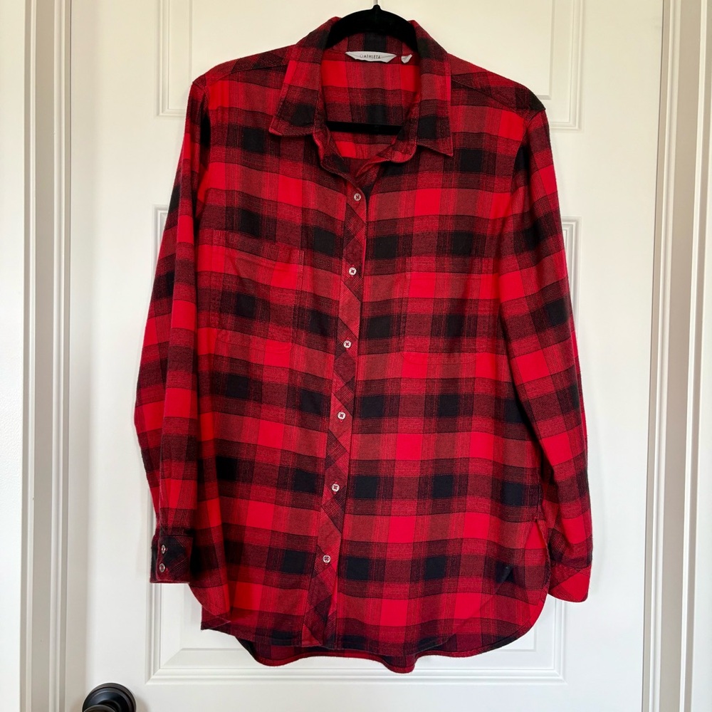 Athleta Lumberjill Red Black Plaid Flannel Button Down Shirt, Women’s Large